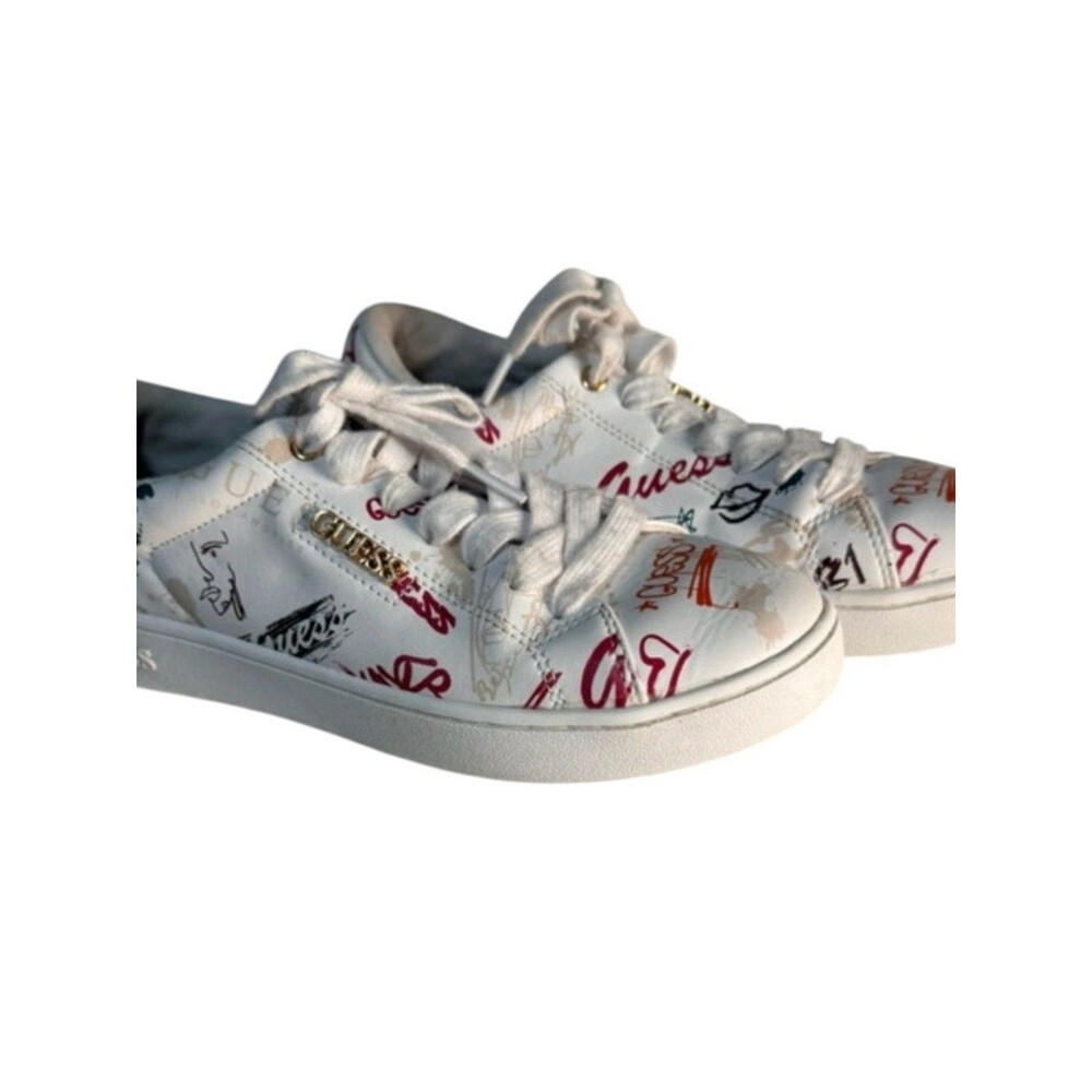 GUESS White Sneakers with Multicolor Graffiti Accents Women Size 6.5